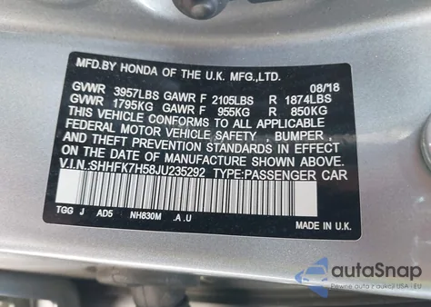 2018 Honda Civic Ex из США, поврежденный, VIN SHHFK7H58JU235292